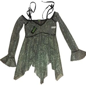 CLUB‎ EXX Women's Rhinestone Fishnet Tie Strap Long Sleeve Festival Top